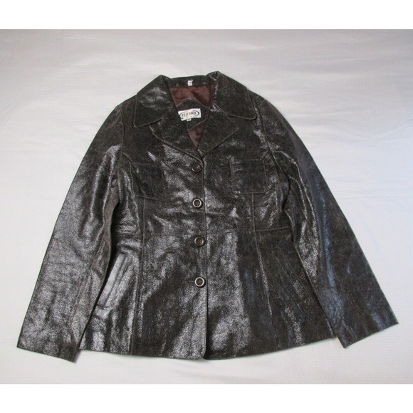 Vintage 70s 80s Leather Jacket Medium Large Women's Brown Front Button Pockets - Picture 1 of 14